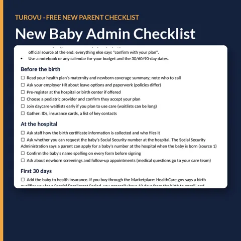 Navy cover showing a checklist page with tick boxes for before the birth, at the hospital and the first 30 days