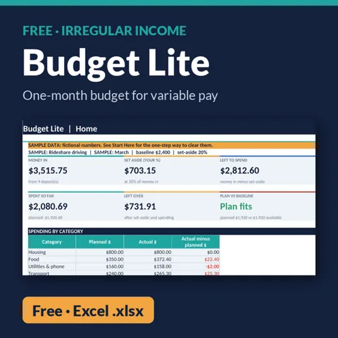 Navy cover showing the Home tab with sample money in, set-aside, left to spend and a spending-by-category table, labelled Free, Excel .xlsx