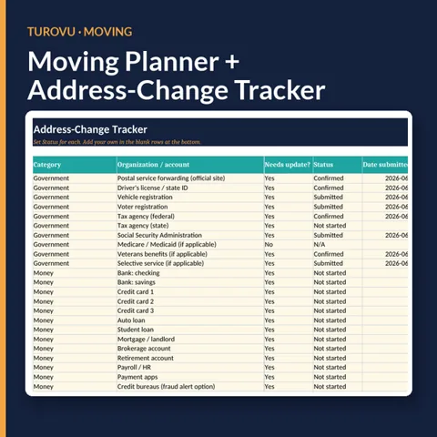 Navy cover showing the Address-Change Tracker sheet, with government and money accounts and their update status