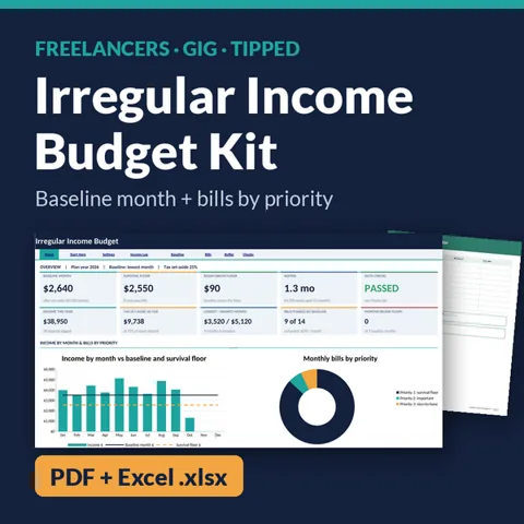 Navy cover reading Irregular Income Budget Kit, baseline month and bills by priority, with a dashboard screenshot and a PDF + Excel .xlsx label