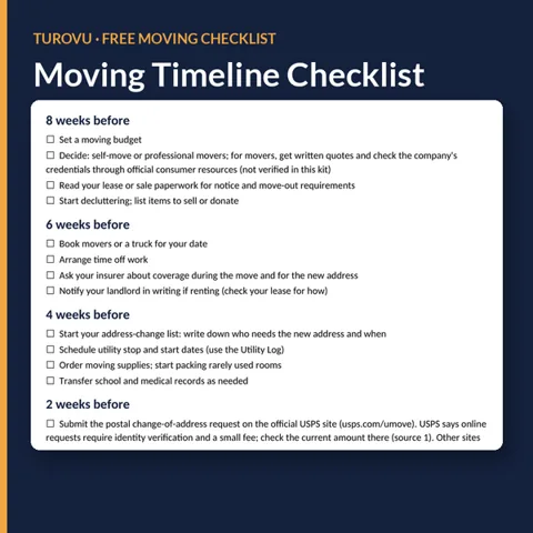 Navy cover showing the first page of the checklist, with tick boxes grouped by 8, 6, 4 and 2 weeks before the move